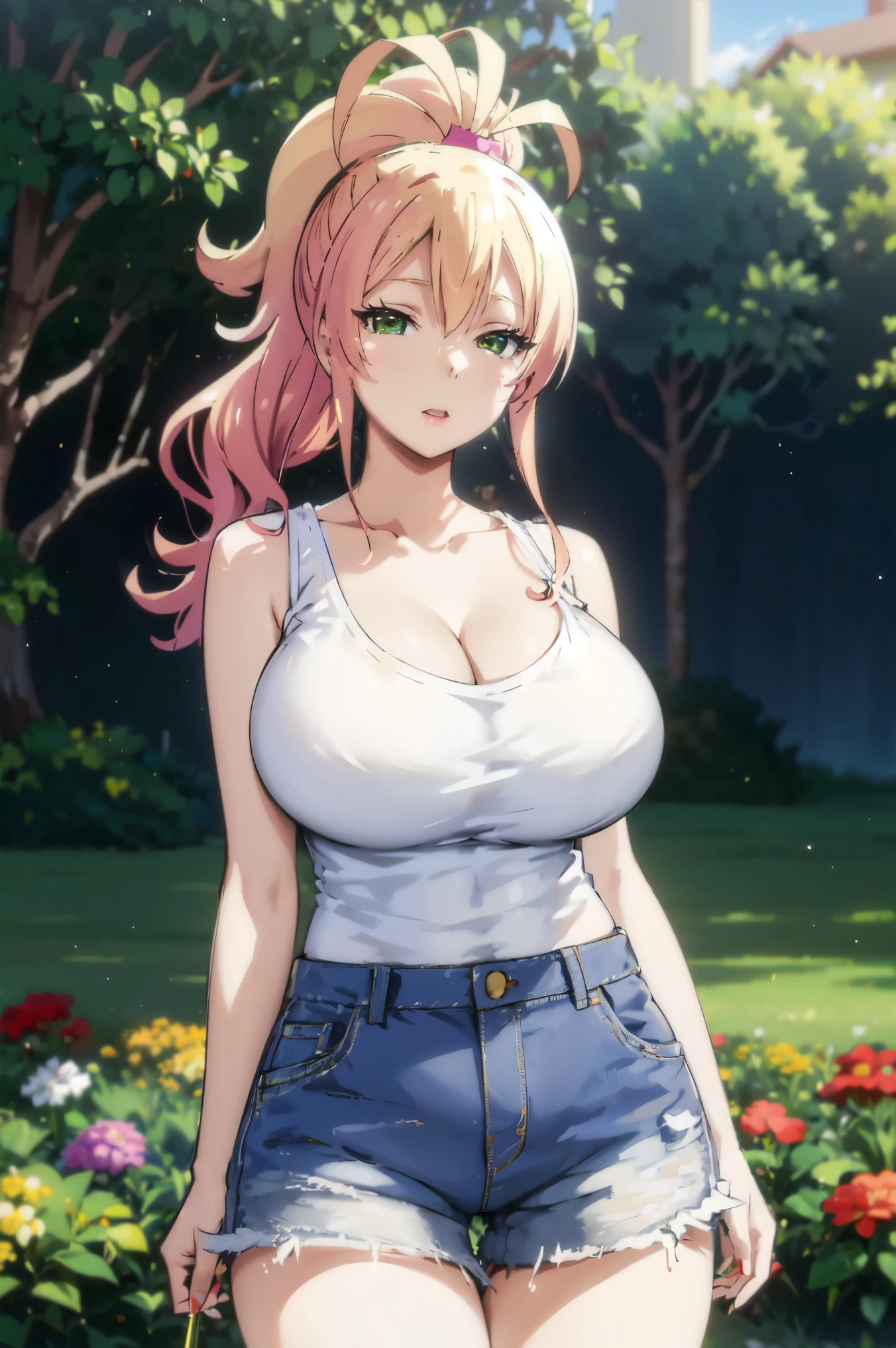 Blonde hair, very huge tits , ((white tank top, short jeans pants)), ((thick, busty)), green eyes, ponytail hair, upperbody, smile, cleavage, legs, thigh, garden flower background, randome pose