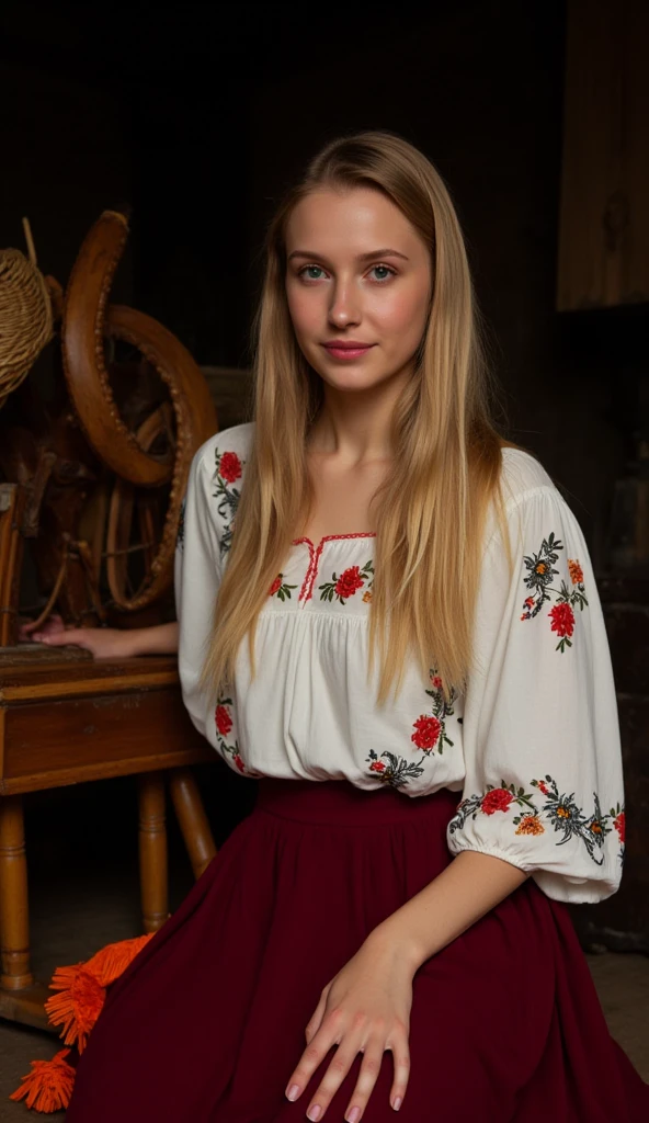 A young woman blonde, seated and leaning against a wooden spinning wheel, wearing a traditional embroidered blouse and red skirt with orange trim. The embroidery features delicate floral patterns accented with red and black details. Detailed, dramatic lighting highlights the intricate patterns on her clothing. Dark, shadowed background complemented by rustic elements like a wicker basket positioned beside her, evokes a timeless, vintage style. The woman's pose suggests a serene, reflective mood. Soft, diffused light casts warm tones across her face and clothing, while shadows enhance the depth of the scene. The old-world charm of the interior space is strongly emphasized. Classic, theatrical lighting, vintage aesthetic, ultra detailed, 8k resolutio culturalbeauty tradition artistry