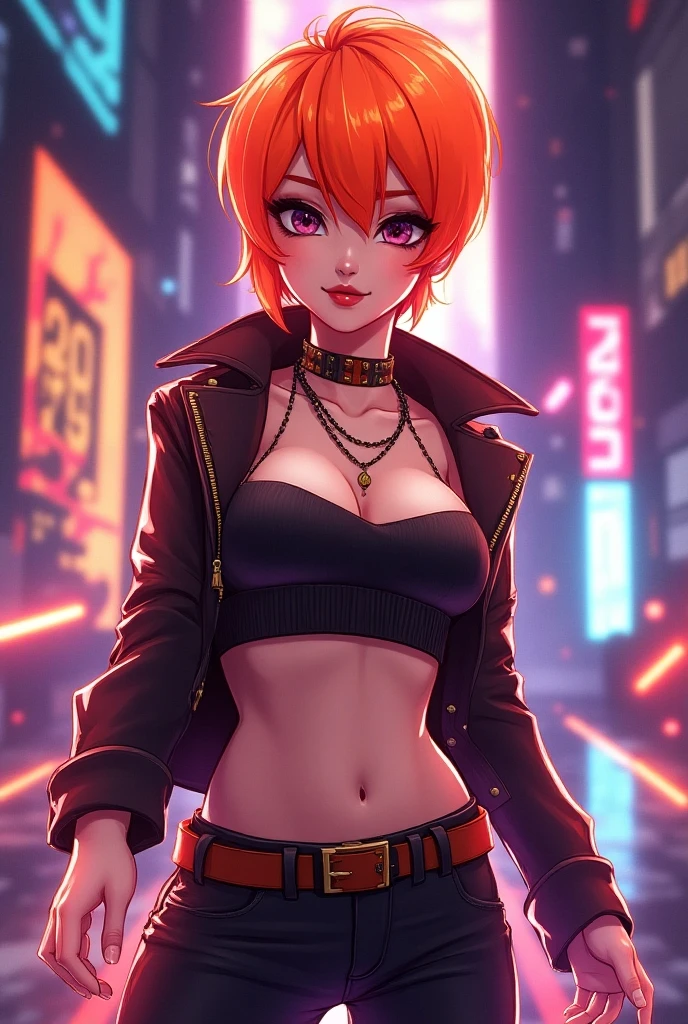 Draw a solid comic book style character using orange hair shapes with black highlights, Tie into two ponytails,Shaped like a chin, Similar to Mawile in Pokémon, eyes pink, bright, expressive,fit,sporty, White leather jacket with cyberpunk details on the upper body, For example integrated LED lights or futuristic lines, Lower body orange sports bikini, white, and black, Fusion of cyberpunk style,Physical activity is also allowed, Creative and curious personality, Always seeking new experiences and forms of expression, Her creative mind drives her to constantly explore new ideas and concepts,Glow Bikini Tips, white skin girl,flirting smile