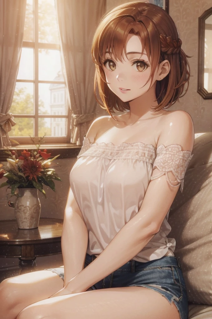 NSFW,(masterpiece:1.3, highest quality, Ultra-high resolution, Ultra-detailed), (Realistic, photoRealistic:1.4)(highest quality, masterpiece:1.2), Perfect lighting, colorful, Depth of written boundary,
View your viewers, (Face Focus, ), 1 girl, alone, High female high school student, Sculpture model, (Large Breasts:1.5, Big Ass, Captivating thighs, Skin dents),
(Middle Hair:1.2, Half Up:1.2, Light brown hair), bangs, braided bangs, (Golden Eyes), Droopy eyes, Lips parted, Shiny skin, (Squats with legs open,Crouching,Open your knees),
Beautiful Hair, Beautiful Face, Highly detailed face, Beautiful fine details, Beautiful clavicle, Beautiful body, Beautiful breasts, Beautiful thighs, Beautiful feet, Beautiful fingers,
(Detailed cloth texture, (Long sleeve frilled off-shoulder shirt that shows your navel, Detailed white low rise panties, )), garnet necklace,
(Beautiful views), night, (Shoulder strap, Modern), (Captivating smile),
