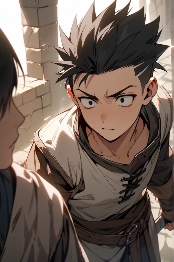 short hair, black hair , spiked hair, shaved sides haircut, High resolution, masterpiece , black hair, black eyes, teenage, medieval, swordsman, lifeless eyes(sharp eyes), 1boy, man