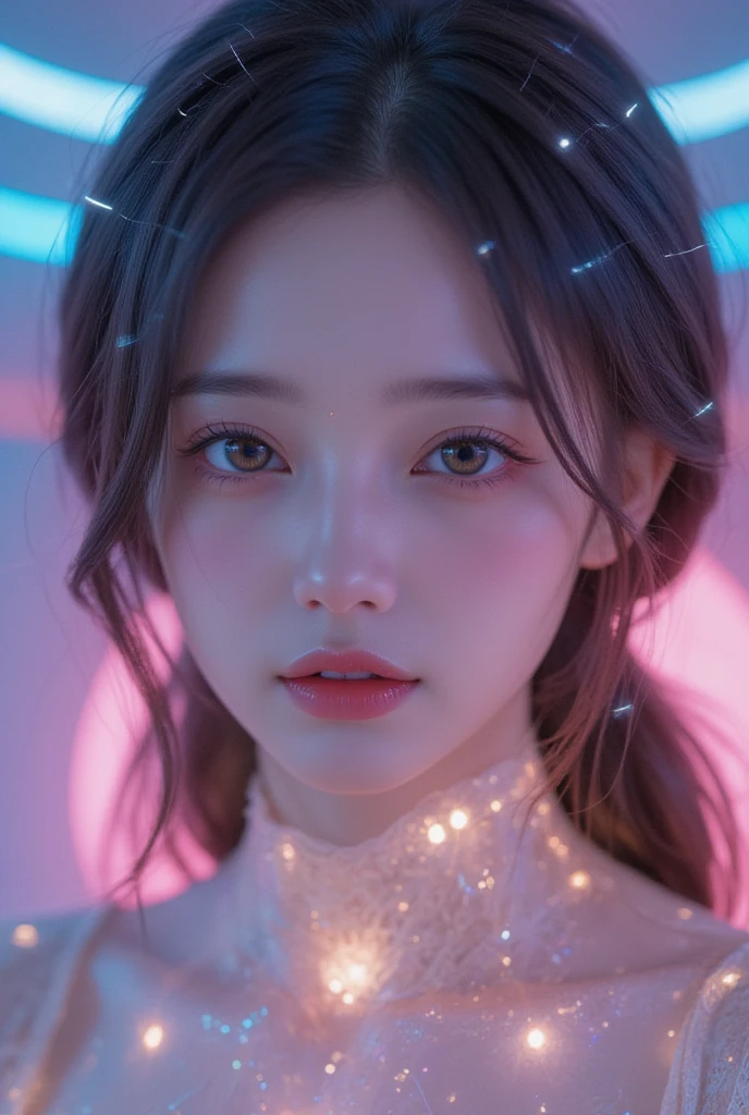  Beautiful Virtual Idols  ,  Detailed Digital Avatars  ,  Bright Holographic Figures ,  Translucent Iridescent Skin  ,  detailed facial features ,  charming smile , Slightly upturned eyes , Delicate expression ,  Long flowing hair,  elegant pose  ,  Surreal Futuristic Environments ,  dynamic lighting, Neon Glowing Details ,  cinematic composition,  Brilliant Color Palette ,  Photorealistic Details , masterpiece