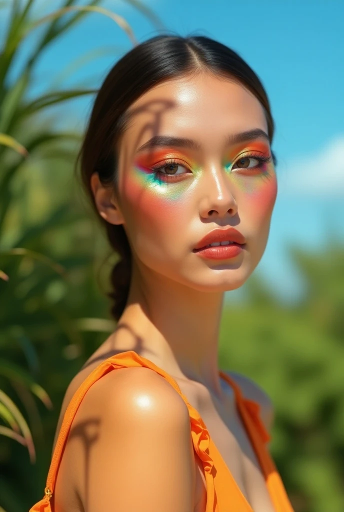 beautiful asian lady, freckles, brilliant glitter makeup, (red and blue and yellow and green and vitiligo skin: 1.5), perfect sexy breasts, hyperdetailed photography, soft light, head and breast portrait, cover,, best quality, (detailed beautiful face, detail skin texture, ultra-detailed body:1.1)
