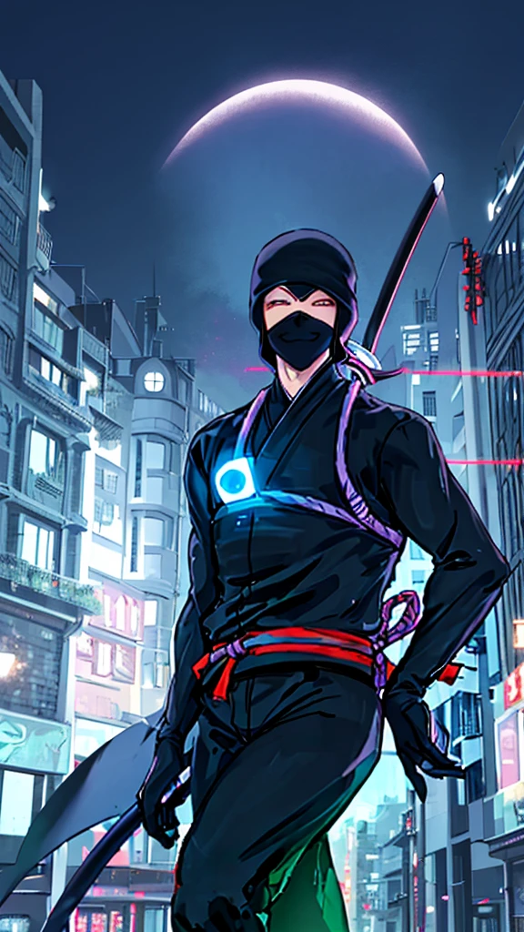 Create a portrait of a cybernetic ninja in the style of Genndy Tartakovsky and Takeshi Koike. detailed face, perfect eye, perfect hands The samurai holds a glowing energy sword, ready to take on any challenge. Behind him, a neon-lit Japanese cityscape is visible, with towering skyscrapers and winding streets <lora:LuisapNijijourneyLORAV2_v2:.5>