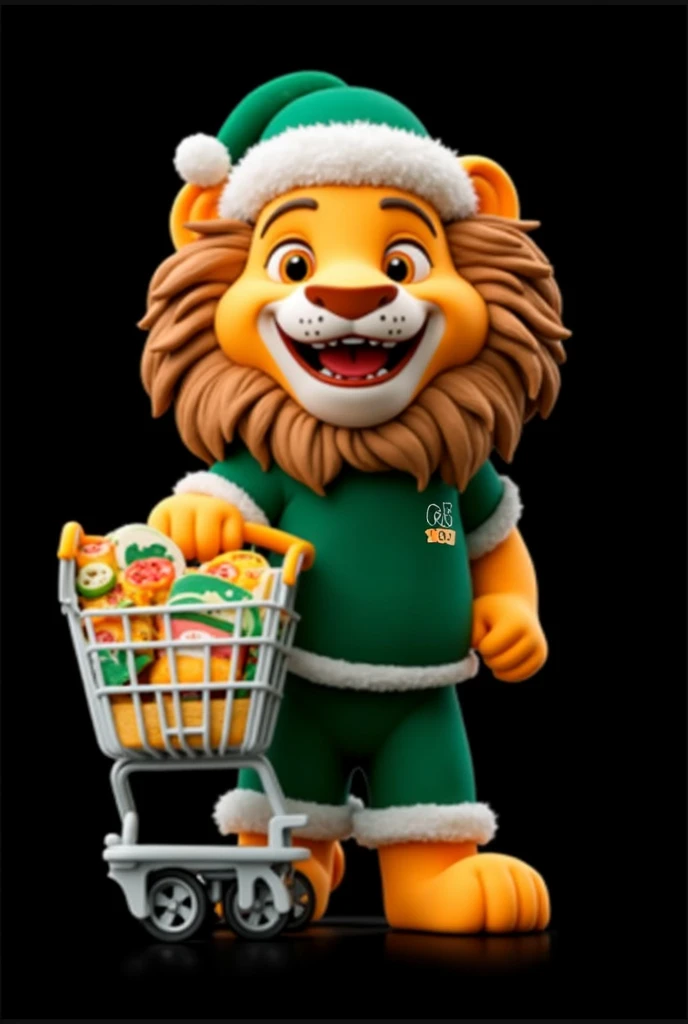 A stunning ultra-realistic 3D illustration featuring a happy lion eating pizza on profile position, wearing a green costume