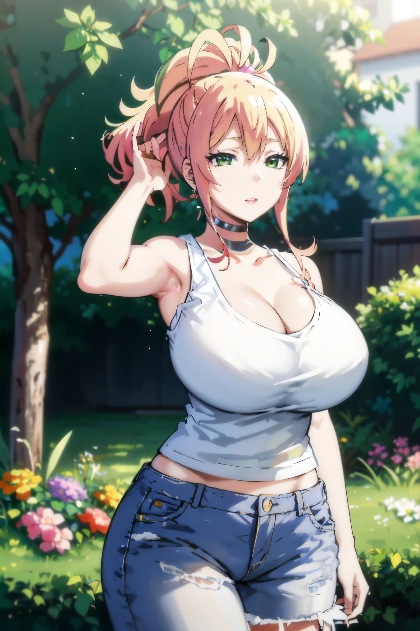 Blonde hair, very huge tits  , ((white tank top, short jeans pants)), ((thick, busty)), green eyes, ponytail hair, upperbody, smile, cleavage, legs, thigh, garden flower background, randome pose