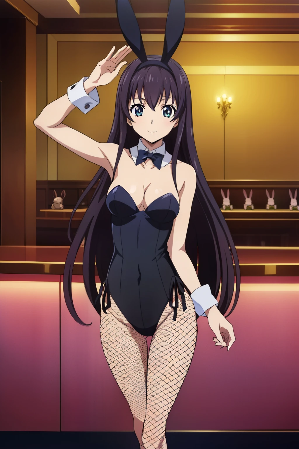 (Realistic),(Photorealistic),Takagi_San, 1girl in, Long hair,((Katyusha with white rabbit ears)), Brown hair, Part bangs, Brown eyes, Forehead, ((Black swimsuit)),((White rabbit tail)),((Black fishnet stockings)),((Red high heels)), Smile, Looking at Viewer,(turn)masutepiece,Full body, Best Quality, (Colorful),volumatic light, Ray tracing,the Extremely Detailed CG Unity 8K Wallpapers,Smile,((The background is a casino in Monaco)),Chandelier Light,Fantastic