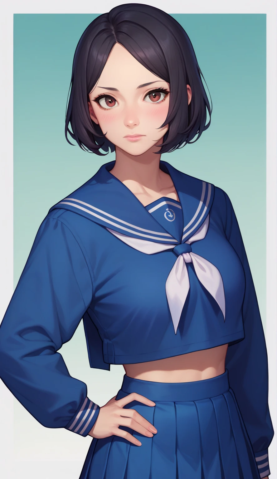 Kobayakawa Rinko, Love Plus, official art, high resolution, 1 girl, solo, upper body, black hair, brown eyes, closed mouth, blush, pink lips, forehead, asymmetrical hair, bob cut, parted bangs, long sleeves, hand on own hip, looking at viewer, school uniform, serafuku, sailor collar, neckerchief, white neckerchief, blue serafuku, blue skirt, pleated skirt, skirt, green background, gradient background, white background, two-tone background, simple background, plus sign
