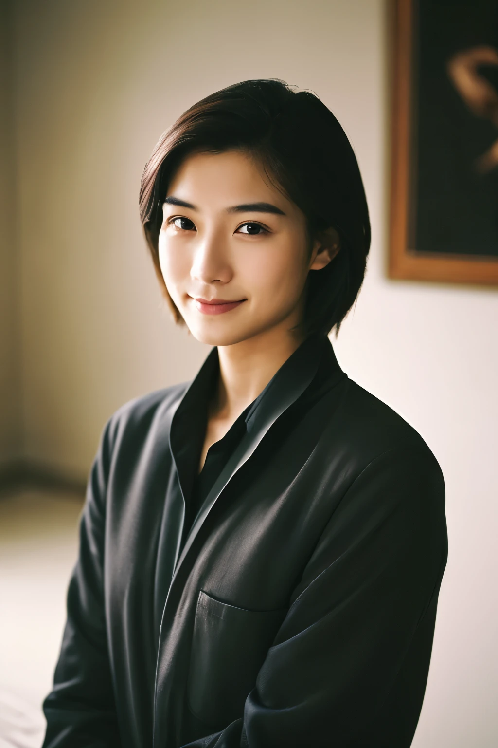 Portrait Photography， A handsome young Chinese man ，Early twenties，Dark Brown Short Hair，Slight stubble， prominent eyebrow ， Deep and expressive eyes ，Slightly higher bridge of the nose， calm and firm expression ， Naturally layered and well-maintained hairstyle ， Wearing a dark suit and black shirt ，Simple and elegant style， The overall image is a bit like young Andy Lau ， standing confidently ， double hand pocket ，Smile， exudes maturity and confidence ， typical oriental hole characteristics ， simple gray gradient background highlights facial features and three-dimensional details，Shooting from a flat perspective，Shallow depth of field， soft studio lighting ， indoor shot ， Canon EOS R5 camera ， Kodak Ektar 100 film ，Ultra-realistic，} Cinematic feeling —style raw —s 400—ar 4 :3-v 6 