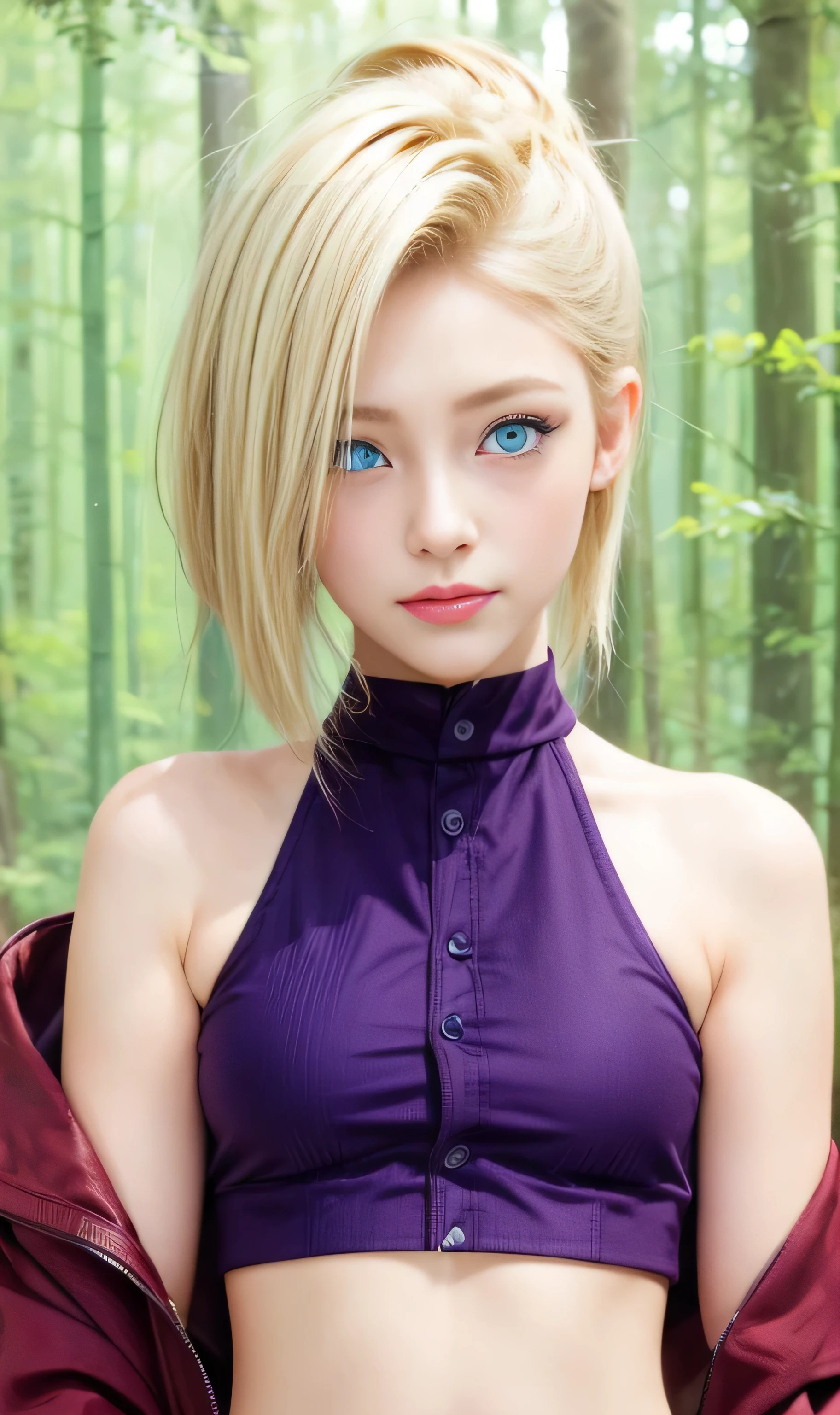 masterpiece, best quality, (realistic,photo-realistic:1.4), (RAW photo:1.2), extremely detailed CG unity 8k wallpaper, delicate and beautiful, amazing,finely detail, official art, absurdres, incredibly absurdres, huge filesize, ultra-detailed,extremely detailed eyes and face,light on face,(little smile),yamanaka ino,(blonde hair:1.4),(undercut hair:1.4),(forest background:1.4),(blue eyes:1.5),(wearing crop top:1.5),jacket