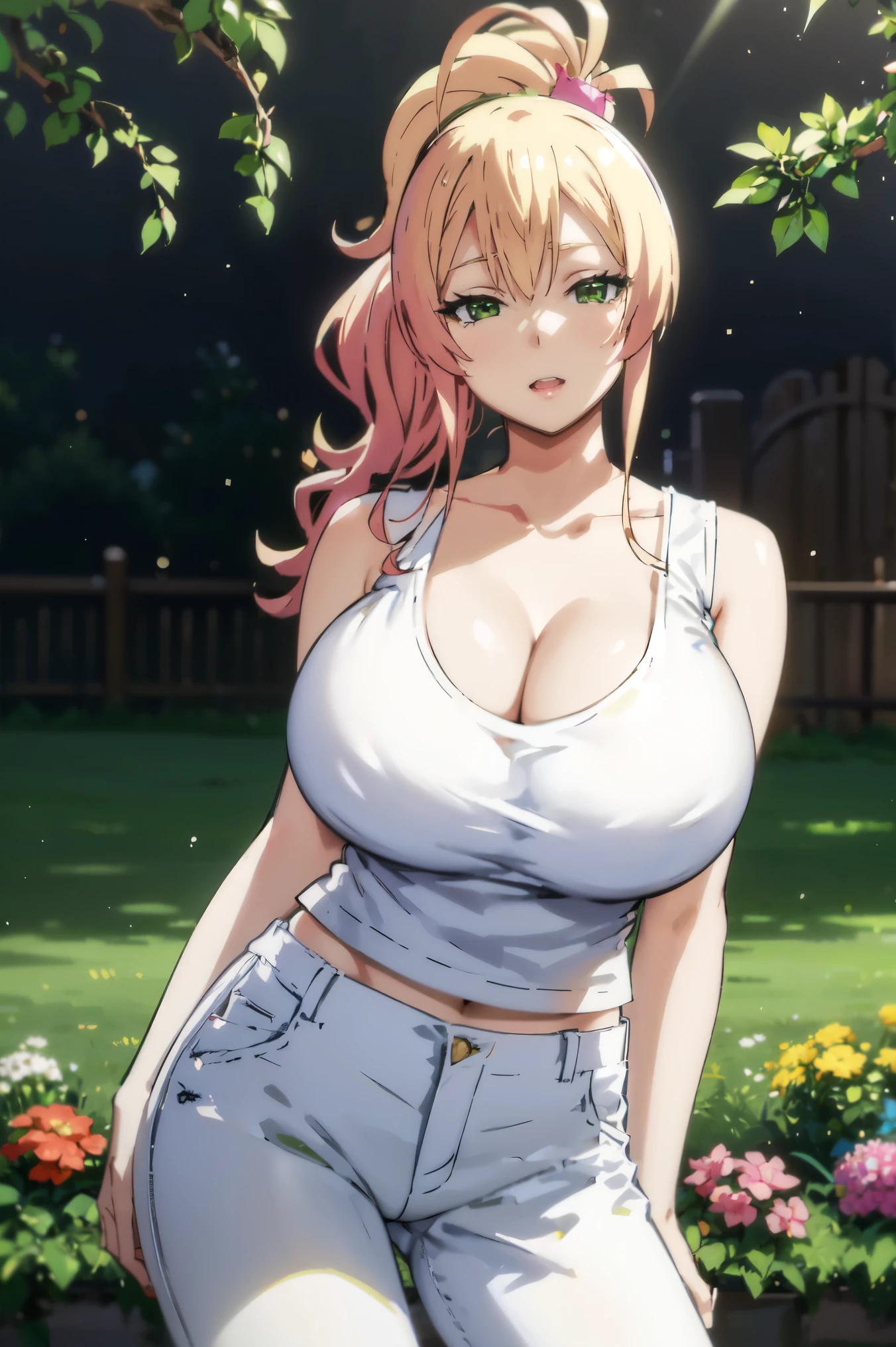 Blonde hair, very huge tits  , ((white tank top, short jeans pants)), ((thick, busty)), green eyes, ponytail hair, upperbody, smile, cleavage, legs, thigh, garden flower background, randome pose