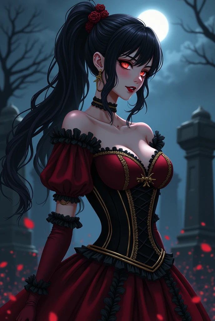 (sexly, fullbusig, attractive) Girl with (long, black) Hair and (blass, just) high. She has (seductive, hypnotic) (Rot) Eyes and (sharp, ass cheeks visible) Vampire Fangs. she wears a (form-fitting, a) Corset dress in (Rot and black) colours. The scene takes place in a (spooky, eerie) graveyard (in the night time) under a (full) Mond.