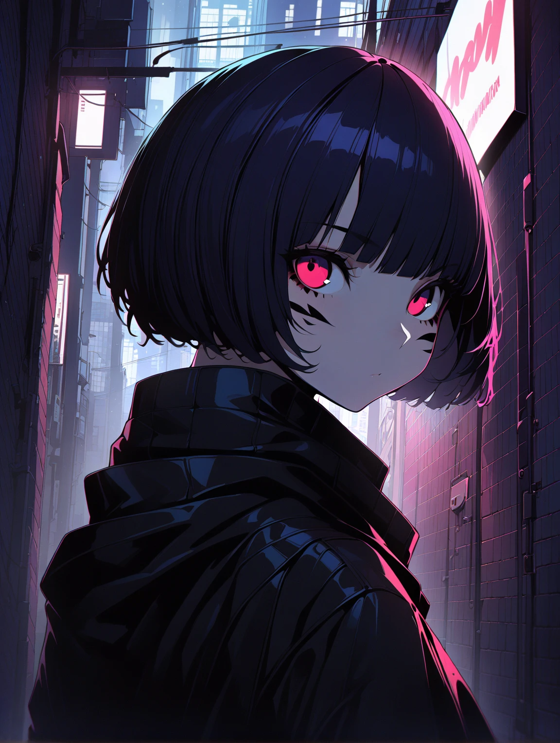 {{{Shincos (Shincos),  Kuvshinov Ilya ( Kuvshinov Ilya), no human}}},  1 girl,  short hair, blue,  close your mouth,  watching viewers,  Facial beauty,  bust up,  Back alley of the city,  Midnight Back Alley,  topless