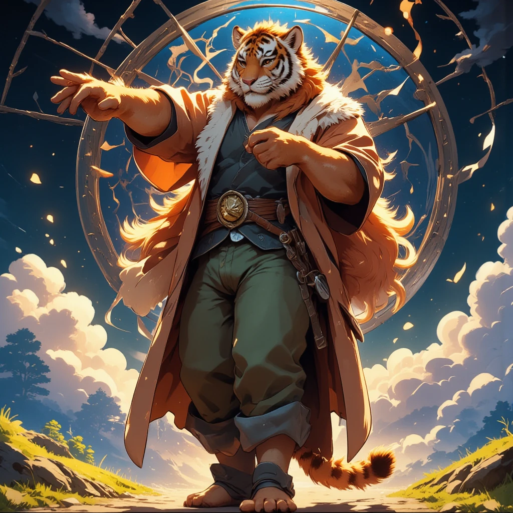 character focus, full body, looking away, dynamic angle, european fantasy, wizard, a muscular middle-aged tiger man, heroic costume clothes, robe, shirt, pants, magic stick, casting time magic, clock effect, dynamic pose, BREAK complete anatomy, perfect proportions, beautiful thigh gap, fluffy body, intricate fur details, beautiful fur texture, BREAK a detailed tiger 1tail, detailed boots, detailed foot, detailed hands, 5fingers, 5fingers nails, BREAK aesthetic anime face, insanity detailed face, male face, big face, square jawline, aesthetic anime eyes, detailed brown eyes, detailed brown cornea, detailed dark brown irises, detailed pupils, male eyes, big eyes, male eyebrows, innocent look, beautiful beard, BREAK full body in Michelangelo Buonarroti style, digital illustration anime, housamo style, detailed painting landscape, clock illustrations space, outdoor, full color, HDR, BREAK masterpiece, official art, best quality, very aesthetic, absurdres, super fine illustration, great quality, BREAK noise reduction, very highres, large filesize, high quality, 32K, 8k wallpaper, dynamic lighting, BREAK insanity detailed, ultra detailed, intricate details, extremely detailed, detailed texture, an extremely delicate and beautiful, BREAK osukemo, e621 illustration, kemohomo, anthropomorphic, furry, cartoon, harmonious body, pastoral face, virtuous eyes, clock atmosphere