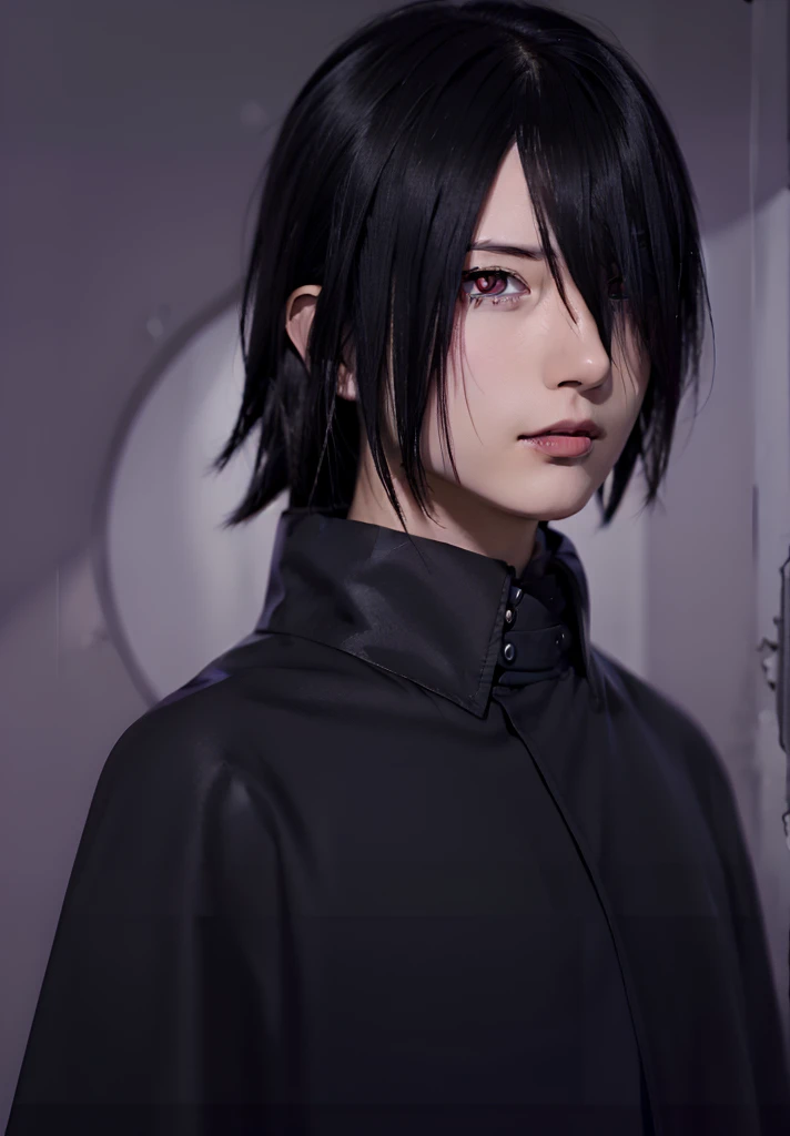 Sasuke, black hair, right red eye, left light purple eye,  grey shirt, black cloak, ruins background, 1 boy