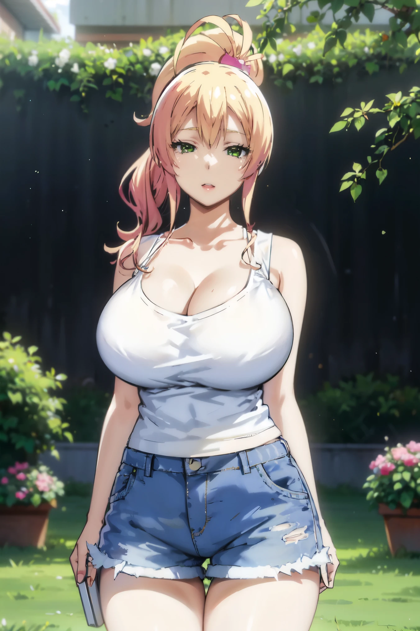 Blonde hair, very huge tits  , ((white tank top, short jeans pants)), ((thick, busty)), green eyes, ponytail hair, upperbody, smile, cleavage, legs, thigh, garden flower background, randome pose