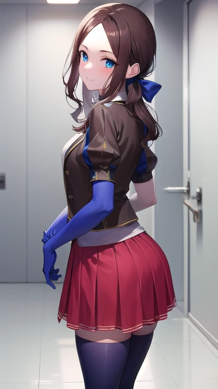 leonardo da vinci rider, (blue eyes:1.2), brown hair, long hair, parted bangs,
BREAK (black footwear, brown jacket, elbow gloves, gloves, jacket, loafers, blue gloves, metal gloves, pantyhose, red skirt, shoes, skirt, puffy sleeves, thighhighs, blue thighhighs:1.2),
BREAK (looking at viewer:1.1), smile,
BREAK (standing:1),
BREAK ,
BREAK (from back:1.1), cowboy shot,
BREAK (indoor, Infirmary, white room, white wall, white floor:1.2),
BREAK (masterpiece:1.2), best quality, high resolution, unity 8k wallpaper, (illustration:0.8), extremely detailed face, perfect lighting, extremely detailed CG, (perfect hands, perfect anatomy),