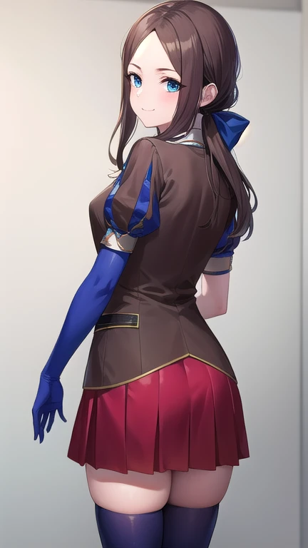 leonardo da vinci rider, (blue eyes:1.2), brown hair, long hair, parted bangs,
BREAK (black footwear, brown jacket, elbow gloves, gloves, jacket, loafers, blue gloves, metal gloves, pantyhose, red skirt, shoes, skirt, puffy sleeves, thighhighs, blue thighhighs:1.2),
BREAK (looking at viewer:1.1), smile,
BREAK (standing:1),
BREAK ,
BREAK (from back:1.1), cowboy shot,
BREAK (indoor, Infirmary, white room, white wall, white floor:1.2),
BREAK (masterpiece:1.2), best quality, high resolution, unity 8k wallpaper, (illustration:0.8), extremely detailed face, perfect lighting, extremely detailed CG, (perfect hands, perfect anatomy),