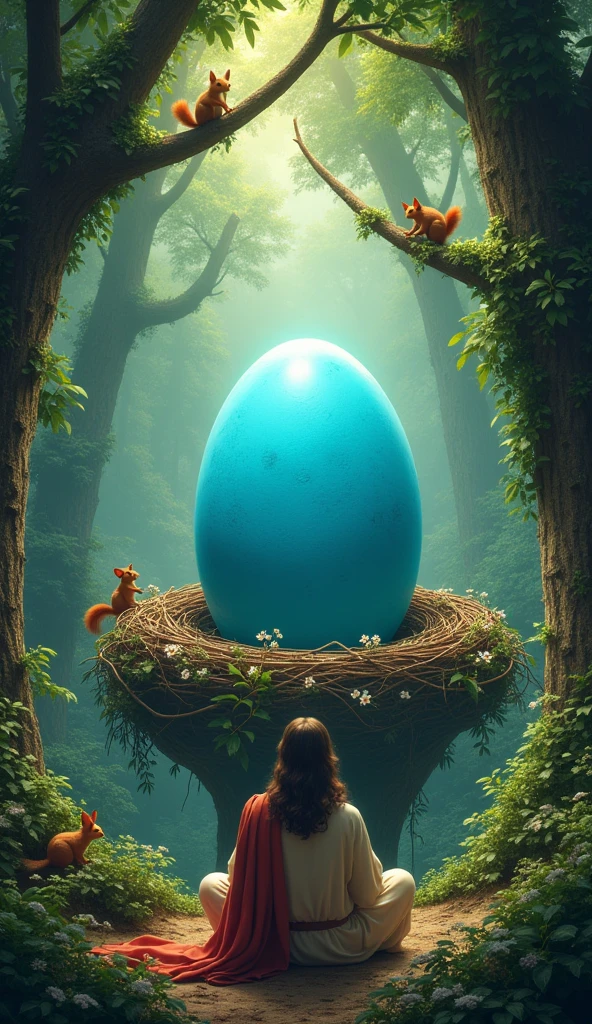 A cinematic photography capture of a beautiful, voluptuous woman with long red hair, naked, emerging from the shell of a huge egg in a lush forest. The bright sun illuminates the stage and its shadows, giving a feeling of majesty. Some forest animals, witnessing the scene, remain in awe, admiring the beautiful creature that has emerged from the egg, as if it were a mythical birth. The overall atmosphere is surreal and magical, blending nature and fantasy, realistic, masterpiece, intricate details, hyperrealism, high quiality, 4k, (RAW photo), highly detailes, HDR, UHD, 64k