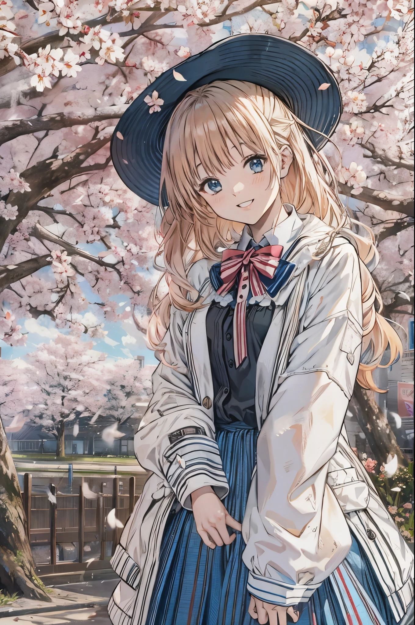 Alice Carteret, detailed background with white knee-high , Cardigans , open Cardigans , striped bow , Hair accessories, Blue Pleated Skirt , white collared shirt, Outdoor, cherry blossoms, Cowboy Shooting, smile, watching viewers, open your mouth ,