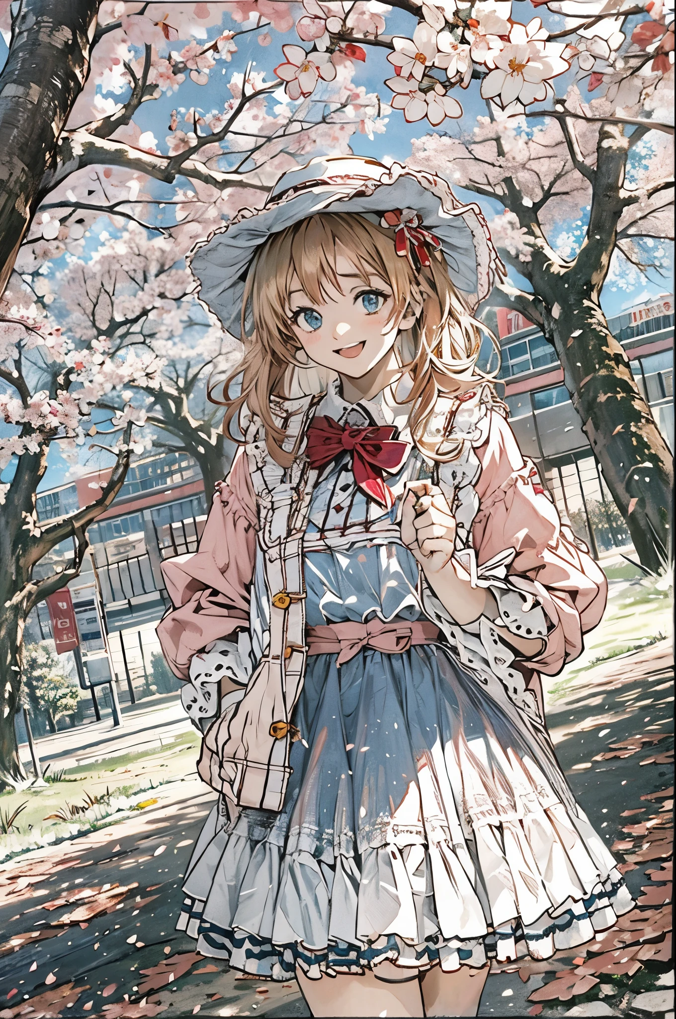 Alice Carteret,  detailed background with white knee-high ,  Cardigans , open  Cardigans , striped bow , Hair accessories,  Blue Pleated Skirt ,   white collared shirt, Outdoor, cherry blossoms, Cowboy Shooting, smile,  watching viewers,  open your mouth , Christmas、