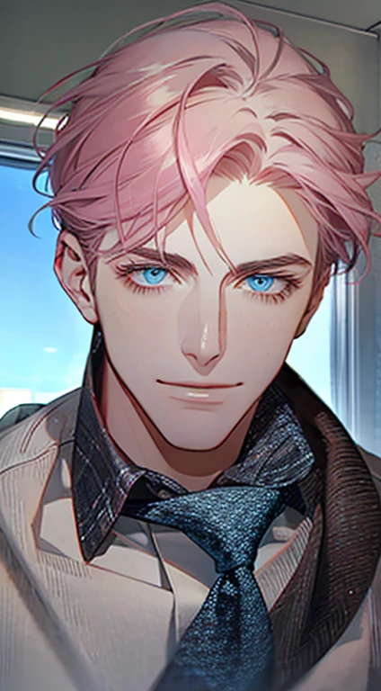 (Highest quality,4K,8K,High resolution,masterpiece:1.2),Super detailed,(Realistic,photoRealistic,photo-Realistic:1.37),1 personld,Mature Men,Beautiful skin、very handsome,Expressionless,smile,Short gray pink hair,blue eyes,Sharp Eyes,A perfect face without a doubt,Businessman,Office Background,Cinema Lighting,HDR image,tie、