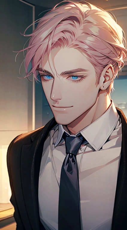 (Highest quality,4K,8K,High resolution,masterpiece:1.2),Super detailed,(Realistic,photoRealistic,photo-Realistic:1.37),1 personld,Mature Men,Beautiful skin、very handsome,Expressionless,smile,Short gray pink hair,blue eyes,Sharp Eyes,A perfect face without a doubt,Businessman,Office Background,Cinema Lighting,HDR image,tie、