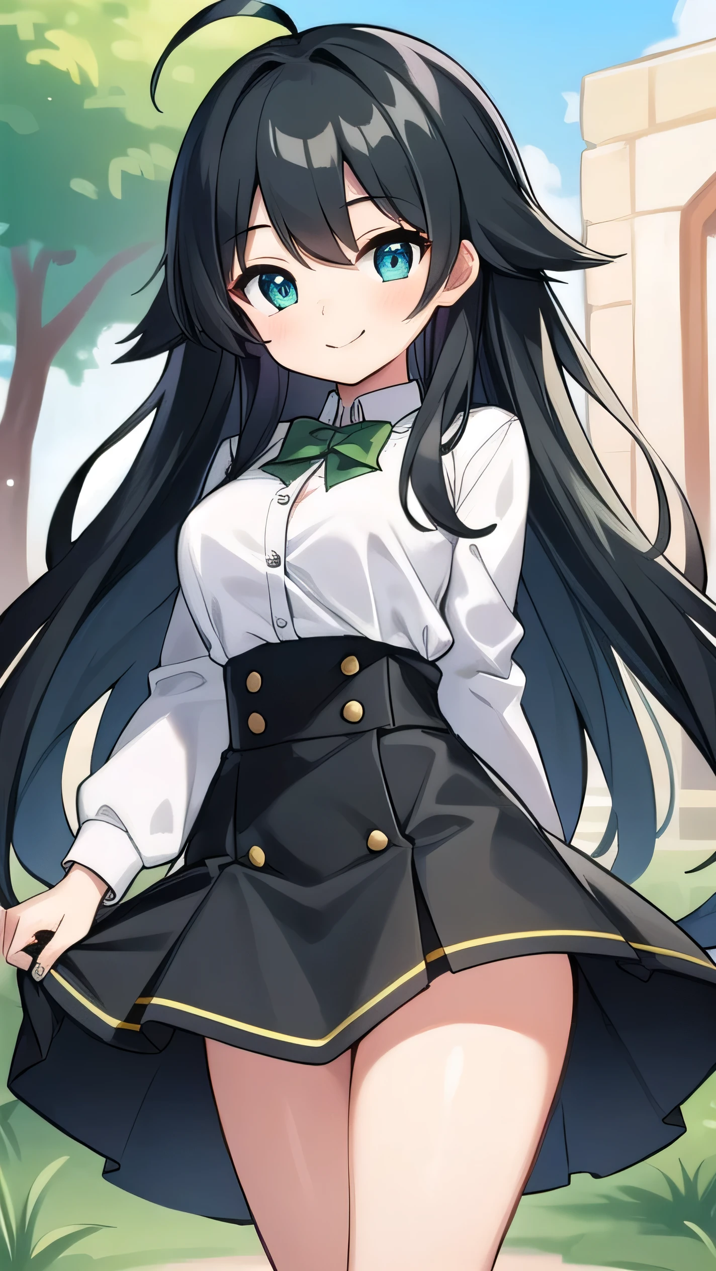 Junior high school student who looks like an elementary school student, 14 years old, (very short:1.3), 140cm tall, black hair with a slight green tinge, short ahoge, beautiful long hair but with a little hair sticking out, beautiful round eyes, blue eyes, smile, boyish, long sleeves , thick clothes, skirt, big breasts, hair longer than waist, long hair, young face, dark greenish black hair, gentle smile, a little shy, skirt is black, hair is black but has a slight green tinge, boyish and gentle smile I have.
