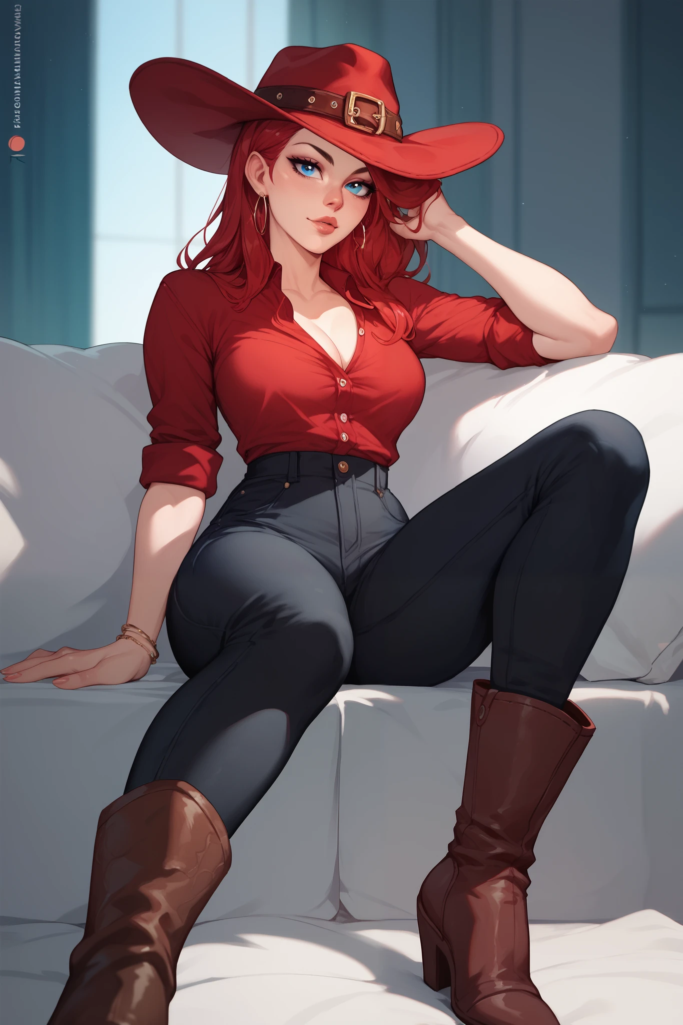 Woman, long red hair, blue eyes, red hat, red button-down blouse, black pants, Brown boots with fur , cowboy style,Sitting