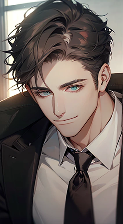 (Highest quality,4K,8K,High resolution,masterpiece:1.2),Super detailed,(Realistic,photoRealistic,photo-Realistic:1.37),1 person,34 years old,Mature Men,Beautiful skin、very handsome,Expressionless smile in love,Short gray Black hair,green eyes,Sharp Eyes,A perfect face without a doubt,Businessman, CEO, Office Background,Cinema Lighting,HDR image,tie、