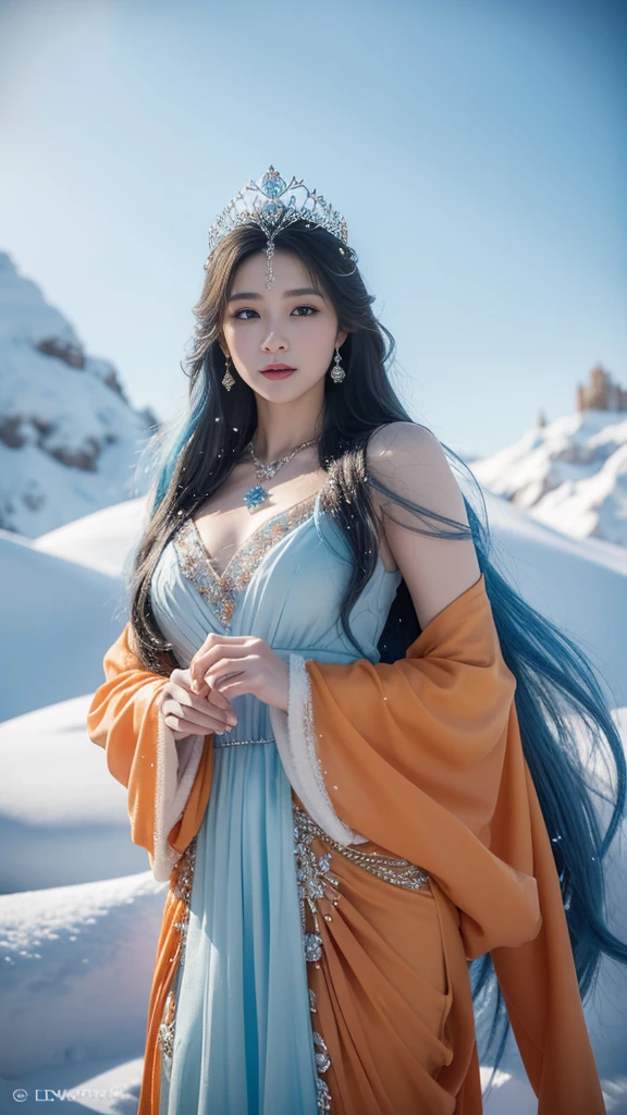 Viking woman, long black hair, light brown eyes, slight smile, beautiful and defined body, in a snowy field with huts. She is wearing a white dress with green and gold touches, and a low neckline.