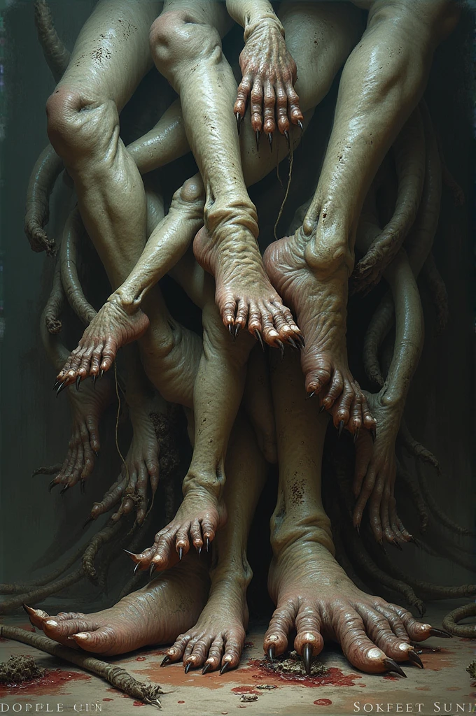 Dark Room　A floor covered with straw　Five creepy naked goblins　Lying down