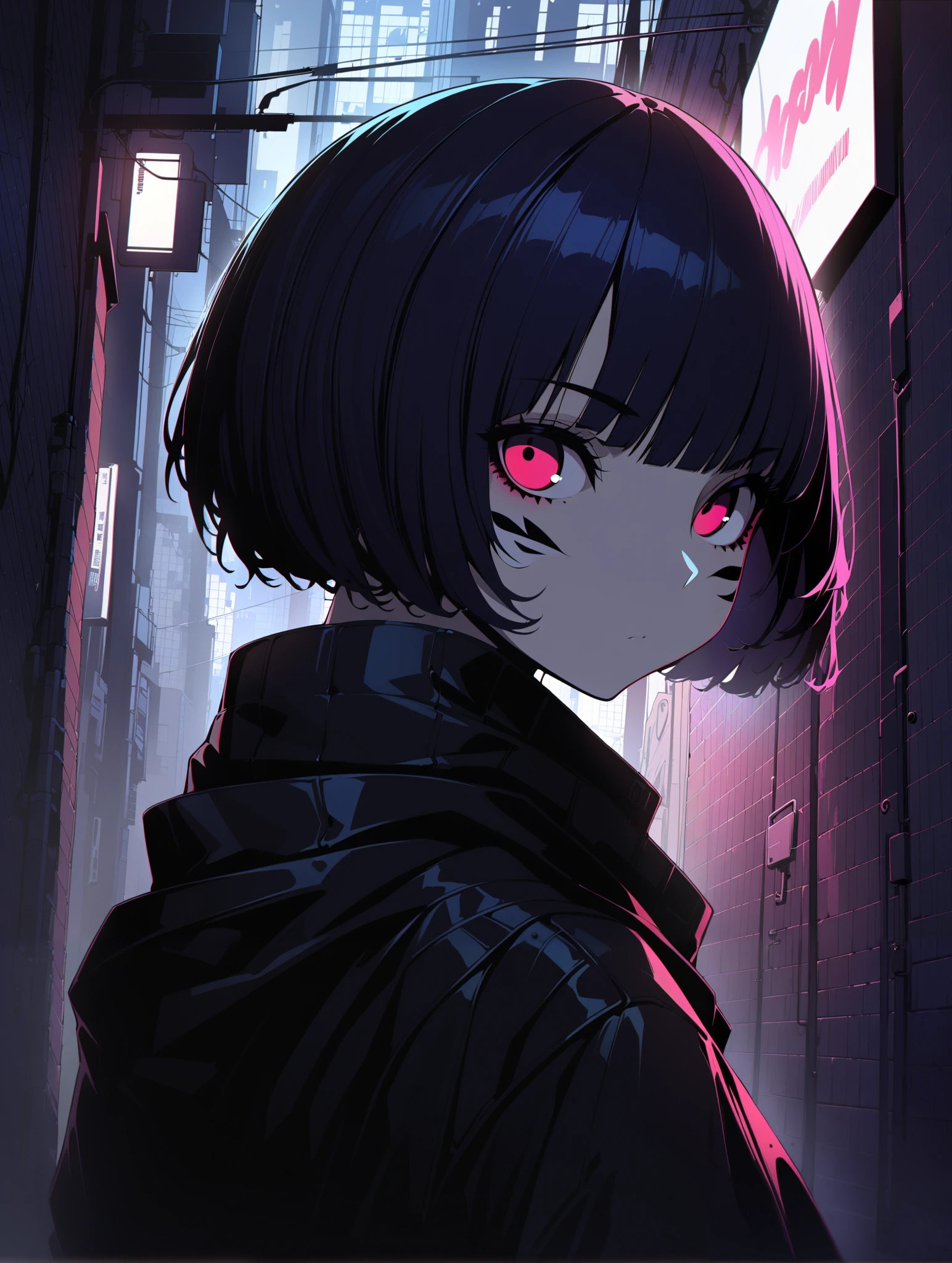 {{{Shincos (Shincos),  Kuvshinov Ilya ( Kuvshinov Ilya), no human}}},  1 girl,  short hair, blue,  close your mouth,  watching viewers,  Facial beauty,  bust up,  Back alley of the city,  Midnight Back Alley,  topless