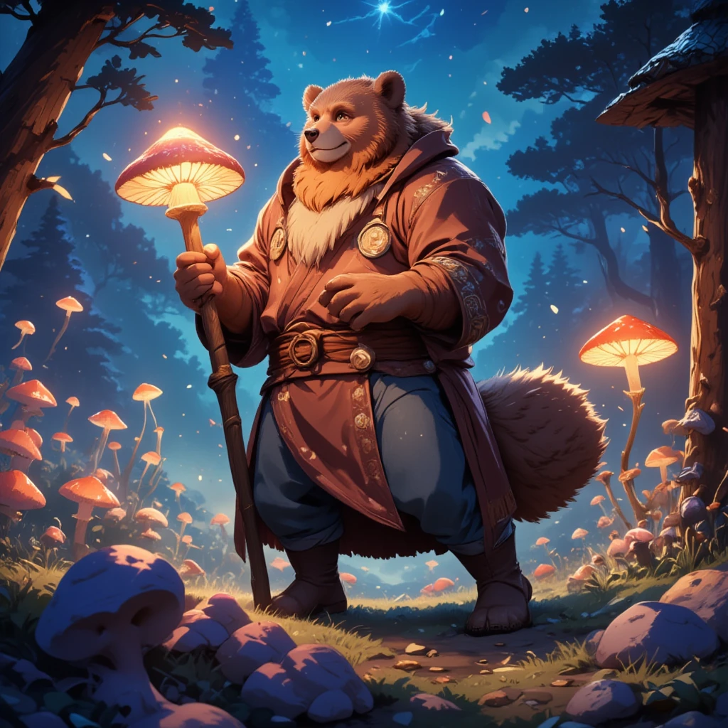 character focus, full body, looking away, dynamic angle, fantasy, middle-aged magical bear man, little smile, magical costume clothes, magical mushroom stick, casting light magic, robe, shirt, pants, boots, BREAK full body in Michelangelo Buonarroti style, housamo style, digital illustration anime, detailed painting landscape, magical Forest, glowing mushrooms grow everywhere, like a picture book, full color, HDR, BREAK complete anatomy, perfect proportions, beautiful thigh gap, fluffy body, intricate fur details, beautiful fur texture, BREAK a detailed bear 1tail, detailed boots, detailed 4toes, detailed foot, detailed hands, 5fingers, 5fingers nails, BREAK aesthetic anime face, insanity detailed face, male face, big face, square jawline, aesthetic anime eyes, detailed brown eyes, detailed brown cornea, detailed dark brown irises, detailed pupils, male eyes, big eyes, male eyebrows, innocent look, beautiful beard, BREAK masterpiece, official art, best quality, very aesthetic, absurdres, super fine illustration, great quality, BREAK noise reduction, very highres, large filesize, high quality, 32K, 8k wallpaper, dynamic lighting, BREAK insanity detailed, ultra detailed, intricate details, extremely detailed, detailed texture, an extremely delicate and beautiful, BREAK e621 illustration, osukemo, kemohomo, anthropomorphic, furry, cartoon, harmonious, pastoral face, virtuous eyes, magical atmosphere