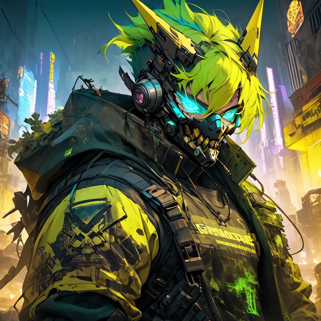 cyborg, 1_man_cyberpunk_2077, barghest, neon yellow and black techwear, burning post apocalyptic las vegas backdrop, neongreen punk hair, wearing a golden skullmask, neongreen glowing eyes, tattoos on lower arms, black gloves
