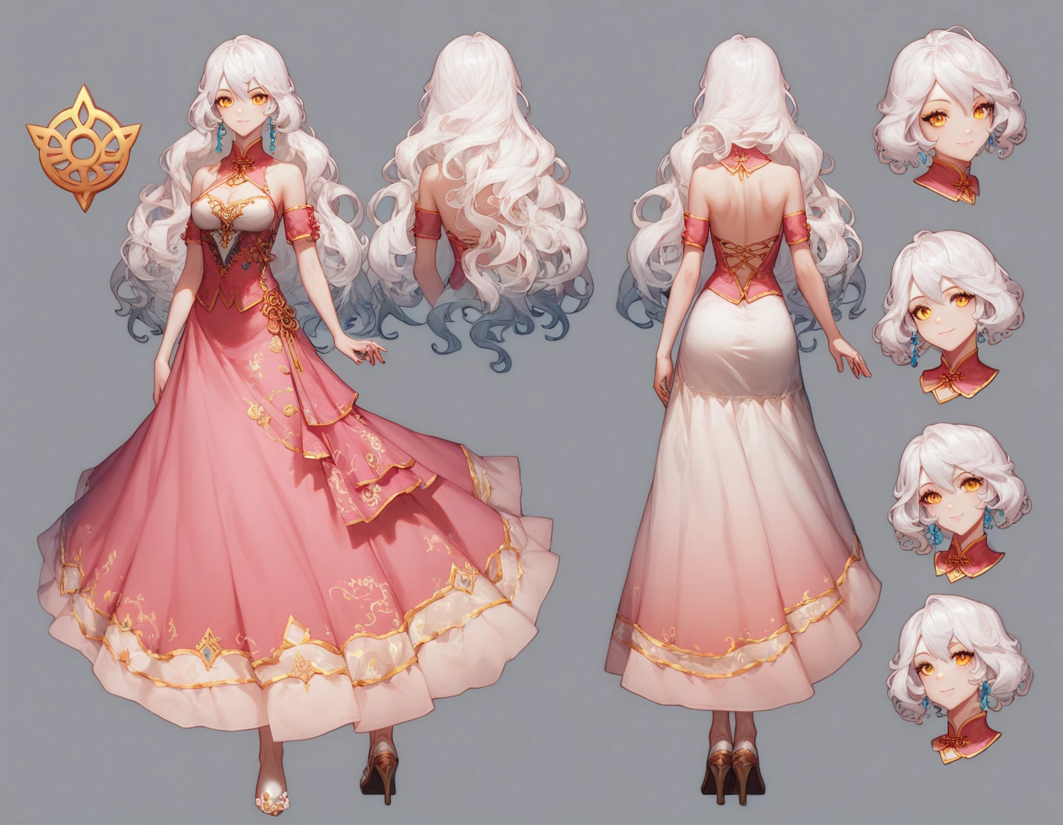  The model is a girl(( masterpiece, Highest quality)),  character sheet,  turn around, vtuber-whole body, whole body, detailed face, back and front,full body,  full of details ,  Very detailed , depth, front and back, 1 gril,  dressed in golden pink dress, slender , :3, long wavy hair, white hair,  crystal-clear hair , [[white hair]],  golden eyes , jeweled golden eyes, character reference, white clothes, beautiful, cute, the dress has ribbens,  chinese style,