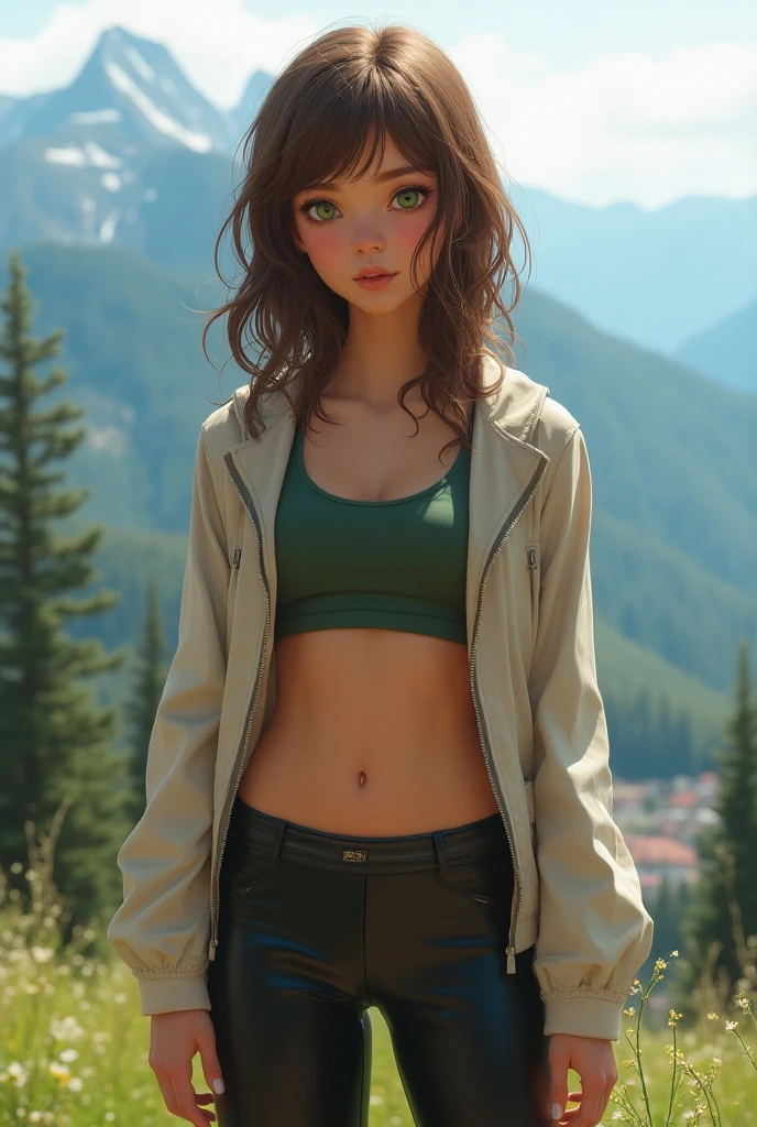 A cacucasian girl totally naked,8k photorealistic, well defined light blue eyes, medium curly brown hair, wearing a open blue jacket, a black bike helmet small chest, hairy visible vagina frontal view in full body, in a suburban flower road, carryng a bike