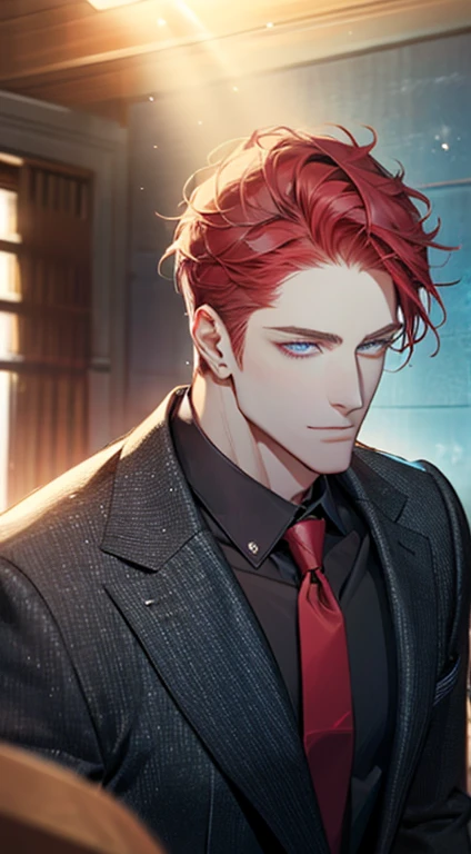 (best quality,4k,8k,highres,masterpiece:1.2),ultra-detailed,(realistic,photorealistic,photo-realistic:1.37),1 man,31 years old,mature man,very handsome,without expression,smile,short red hair,blue eyes,penetrating gaze,perfect face without errors,imposing posture,businessman,office background,cinematic lighting,hdr image