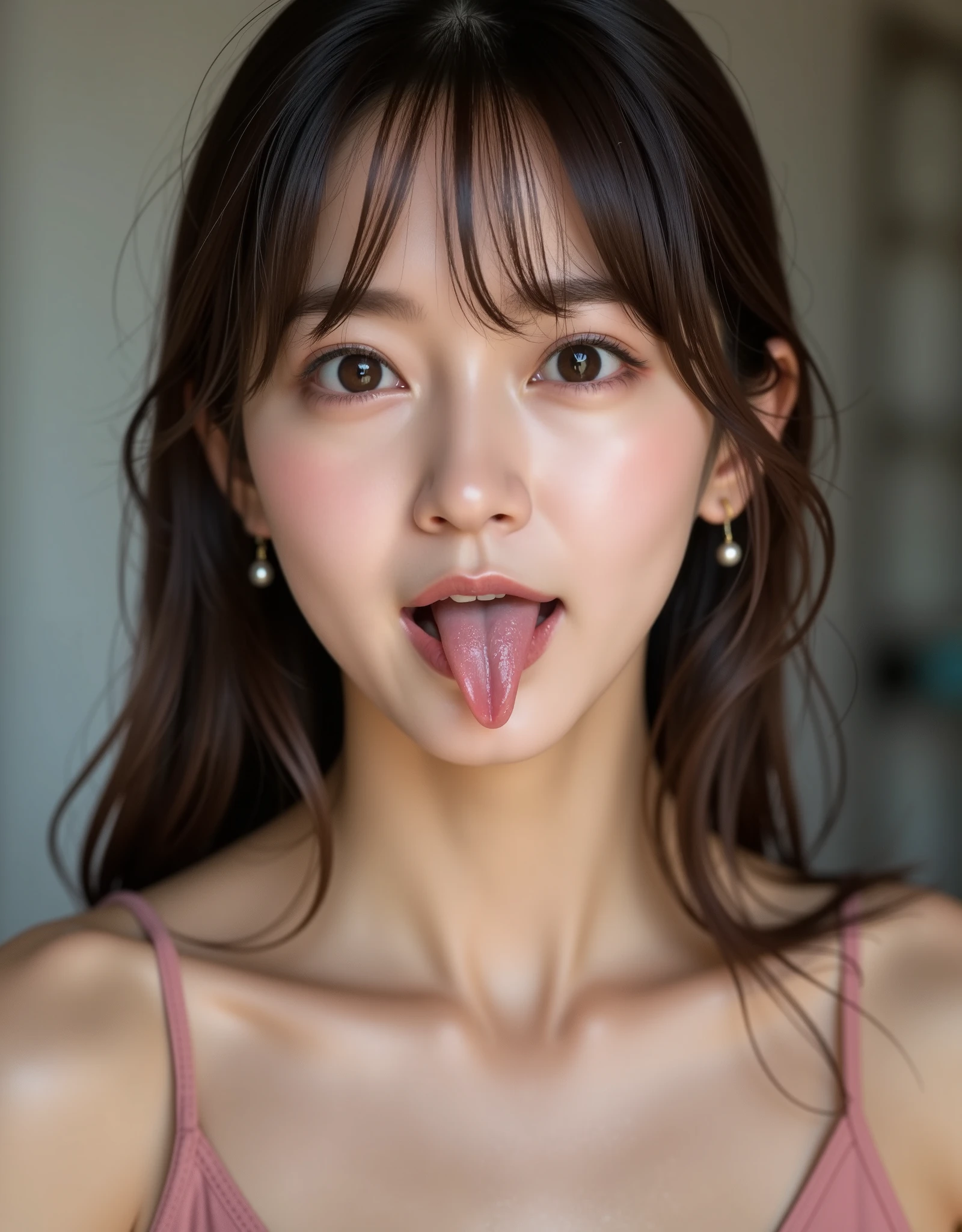  Picture of a woman's face  、(  sharp concentration ), from below , (   kneel and look up  :1.10), (( open your mouth:1.6)), (  tongue:1.8), (Ultra-detailed beautiful faces:1.10), ( super detailed beautiful slim body :1.9), 21 years old, (  Super Detailed:1.7), (  troubled face:1.3), Woman in the center of the image, break,   photorealistic,   hyperrealism ,  Portrait of a young and adorable Japanese woman ,  Japanese facial features ,    young and cute skinny oriental face ,   bust up shot, 可愛いの顔21 years oldアイドル,    beautiful Japanese girl face  ,  Japanese facial features ,   she has adorable looks , (Camisole mini dress :1.3), (pink gold spandex camisole ),