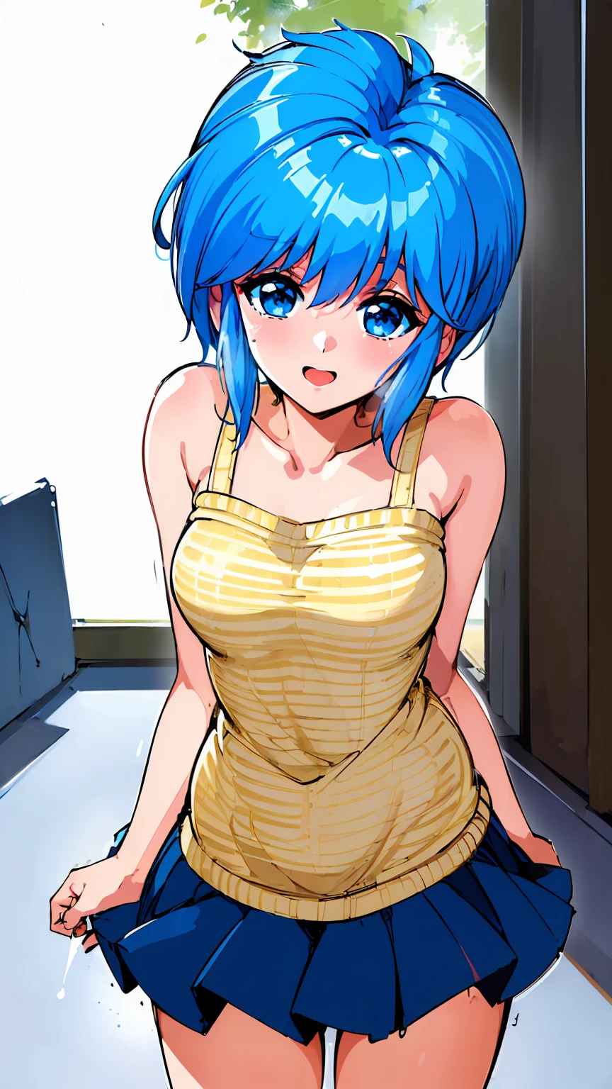 ( best quality, 8k, 32K, masterpiece,  ultra high resolution:1.2),  blue hair,  short hair, Saki Nijino, smile, fine, Full Strength, guts , sweat , kawaii, Eros,  mini skirt, Naughty expression, Nipple erection