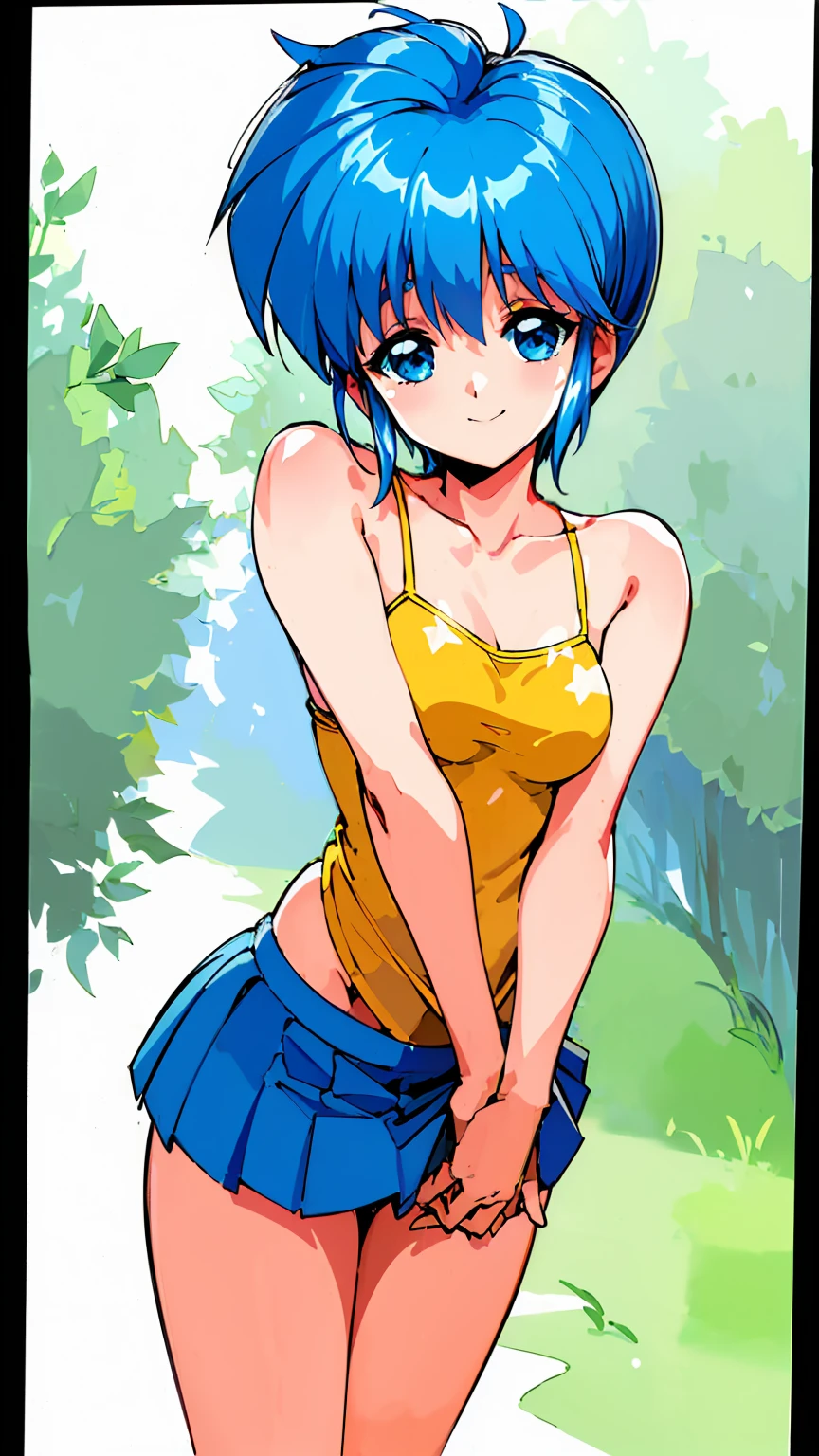 ( best quality, 8k, 32K, masterpiece,  ultra high resolution:1.2),  blue hair,  short hair, Saki Nijino, smile, fine, Full Strength, guts , sweat , kawaii, Eros,  mini skirt, Naughty expression, Nipple erection