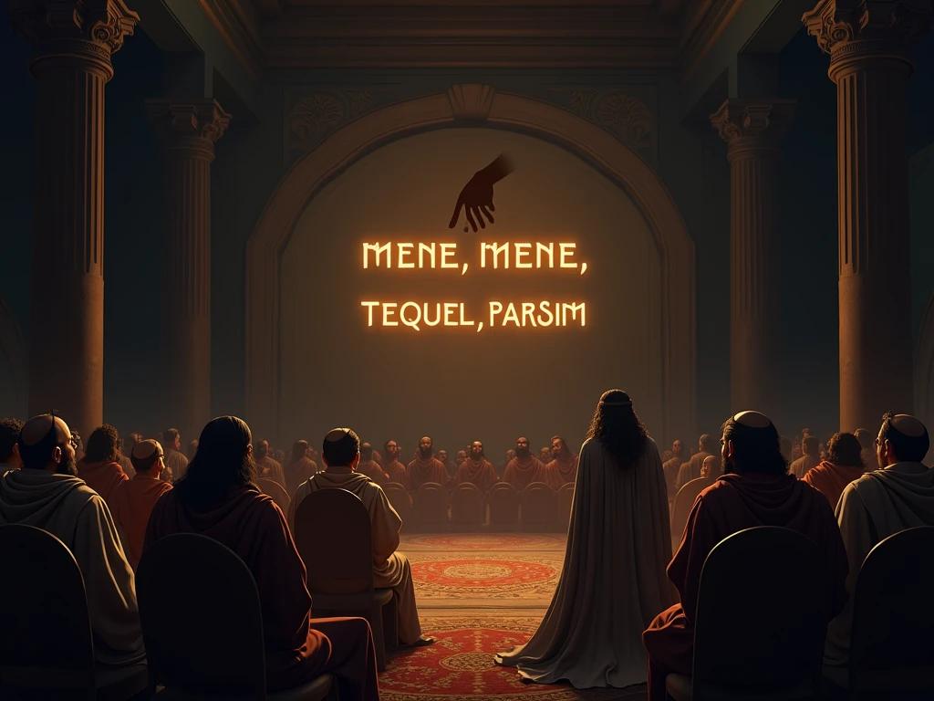 Inside a large and beautiful Palace. A human hand, is writing four words on the wall, that are, MENE MENE TEQUEL PARSIM. This hand is pointing to the scripture, demonstrating to the King and some of his friends, and some women, who were sitting around a table with some golden utensils on top. Everyone was scared, with great fear and dread, the look of their broken ones is scary. They are looking at the hand that is writing the words.
