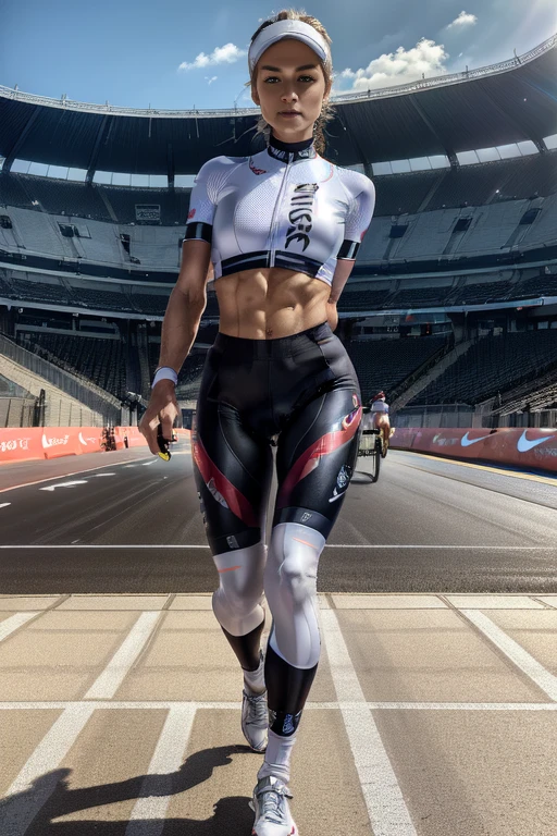 (8K), real ( Maximum image quality ,  Exceptional details ,  Ultra-high resolution ), 1 28 year old girl, (( A professional cycling look inspired by the best quality 
triathlon cycling pants, professional shiny white Nike tight ), (Glamorous characters,  healthy ,  marked abs ), (on a cycling track ), (dynamic poses)  showing her ass