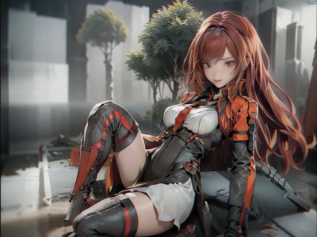 ((Best quality)), ((masterpiece)), (detailed:1.4), 3D, an image of a beautiful cyberpunk female, long burning red hair, burning hair, Red eyes, Black Barret Hat, Red Soldier Shirt, White undercloth, black panty, black skirt, black thick boot, long black kneesock, Grenade belt, Big chest, Big thigh, High thigh black knee sock, full view of girl, battlefield background, black combat boot, red necktie, black glove, black combat suit, black jacket, black cloak, black panty, ammo belt, HDR (High Dynamic Range),Ray Tracing,NVIDIA RTX,Super-Resolution,Unreal 5,Subsurface scattering,PBR Texturing,Post-processing,Anisotropic Filtering,Depth-of-field,Maximum clarity and sharpness,Multi-layered textures,Albedo and Specular maps,Surface shading,Accurate simulation of light-material interaction,Perfect proportions,Octane Render,Two-tone lighting,Wide aperture,Low ISO,White balance,Rule of thirds,8K RAW,