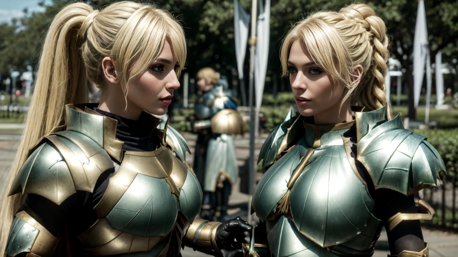 masterpiece, best quality, 1girl, alicetaria,blonde hair, long hair, ponytail, green eyes, closeup, big breast,latex shoulder armor, latex armor, latex armor boots,stand in the park