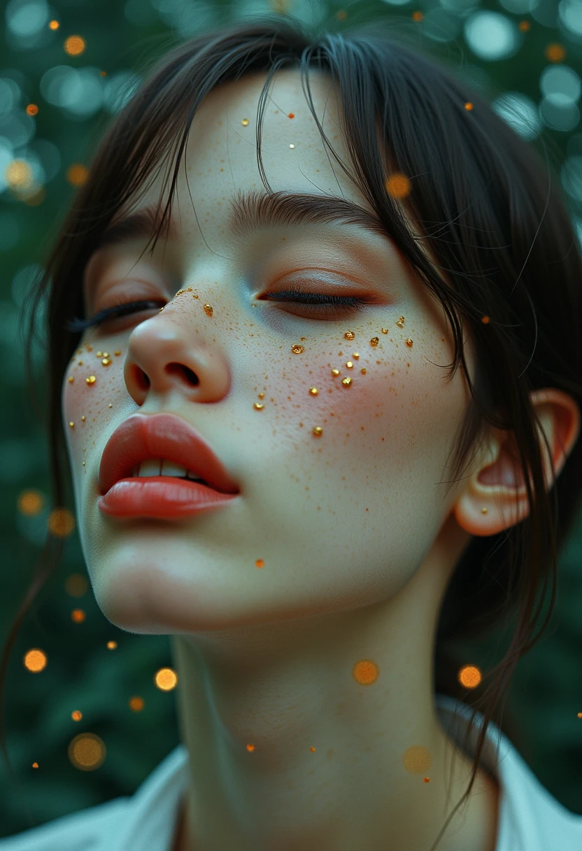 This is a highly detailed, surreal digital artwork featuring a close-up portrait of a young woman with a fair, freckled complexion and long, straight hair. The subject's eyes are closed, and her face is adorned with a serene, slightly melancholic expression. Her skin is covered in a scattering of tiny, sparkling particles, adding a magical, ethereal quality to the scene.