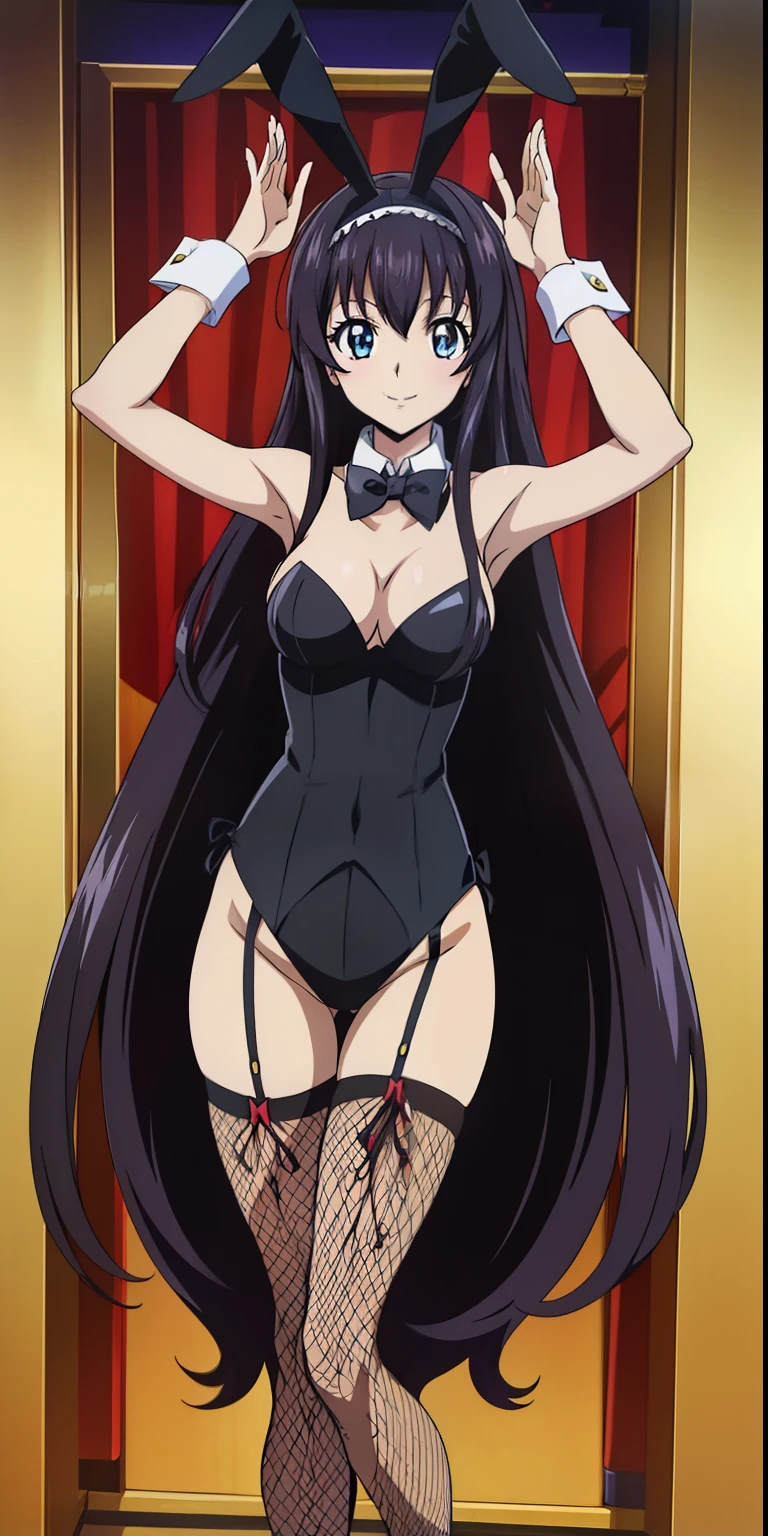 dynamic angle, 1 girl, cute, black hair, long hair, (smile), (In the gleaming casino ), (Playboy bunny, Fishnet tights, high leg, Bunny suit, bustier, bow tie), (anime cels style, Masterpiece, best quality, high resolution, anime colored, megami magazine:1.2, anime poster style, anime keyvisual, sharp, 8k, photorealistic), beautiful eyes