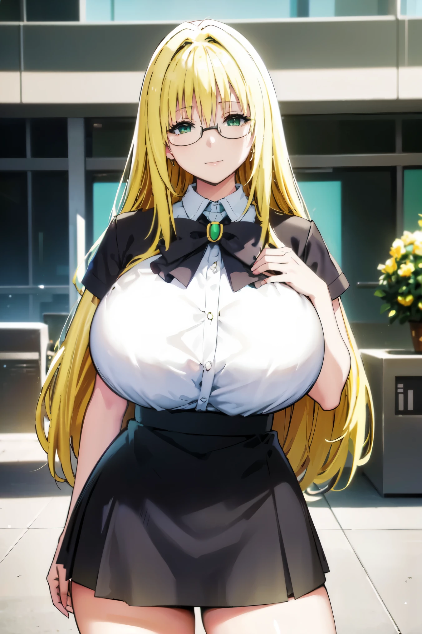 Blonde hair, (((very huge tits)))  , ((black office suite, skirt , glasses)), thick, ((busty)), green eyes,  long hair, upperbody, smile, legs, thigh, flower garden