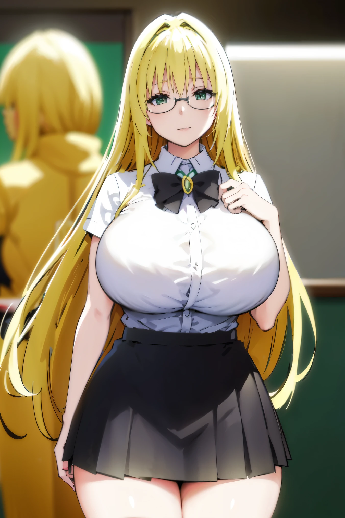 Blonde hair, (((very huge tits)))  , ((black office suite, skirt , glasses)), thick, ((busty)), green eyes,  long hair, upperbody, smile, legs, thigh, flower garden