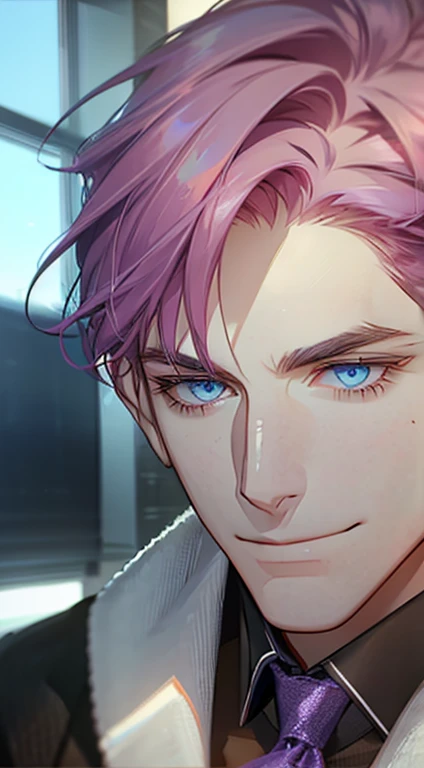 (best quality,4k,8k,highres,masterpiece:1.2),ultra-detailed,(realistic,photorealistic,photo-realistic:1.37),1 man,3,mature man,very handsome,without expression,smile,short purple hair,blue eyes,penetrating gaze,perfect face without errors,imposing posture,businessman,office background,cinematic lighting,hdr image